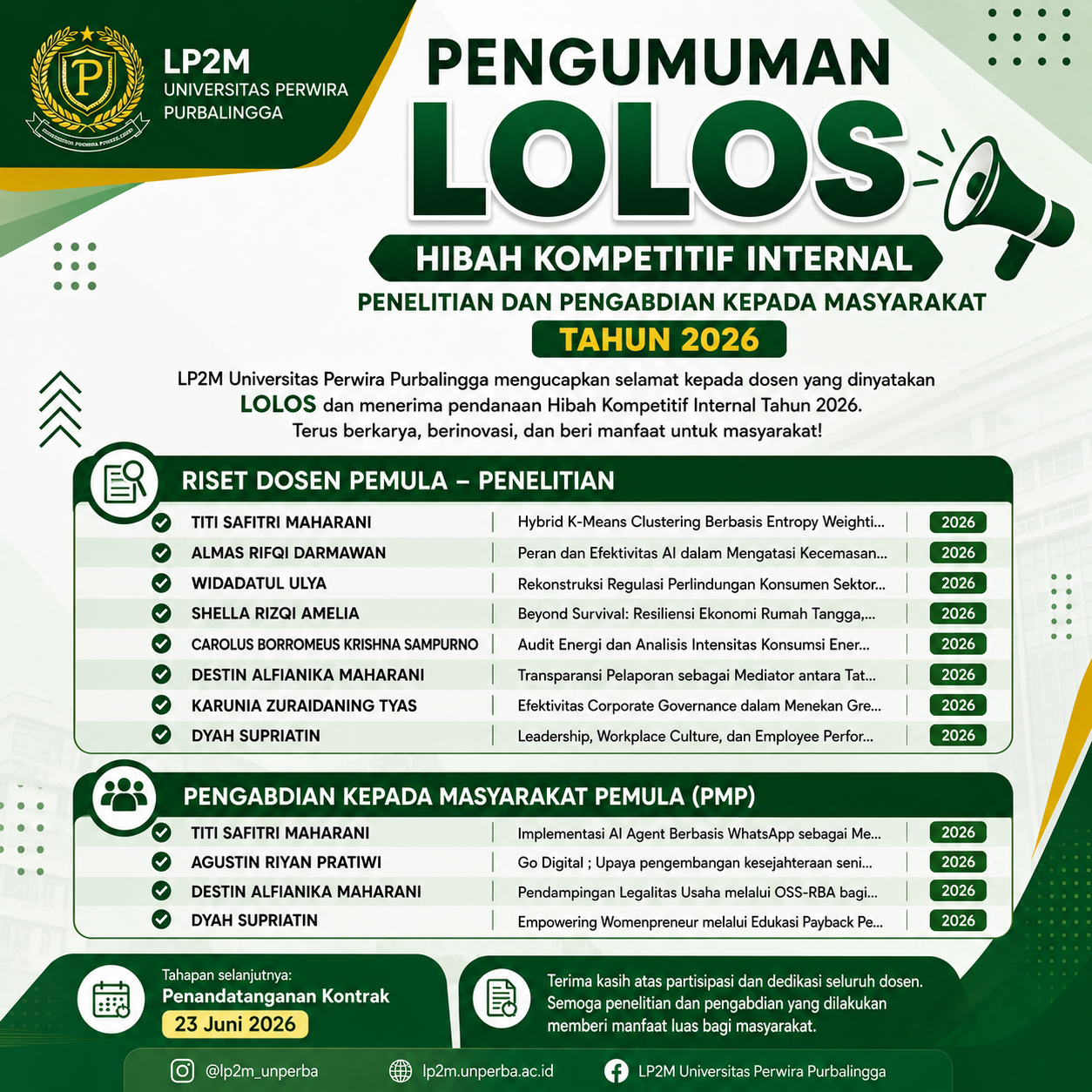 PENGUMUMAN LOLOS HIBAH KOMPETITIF INTERNAL TAHUN 2026